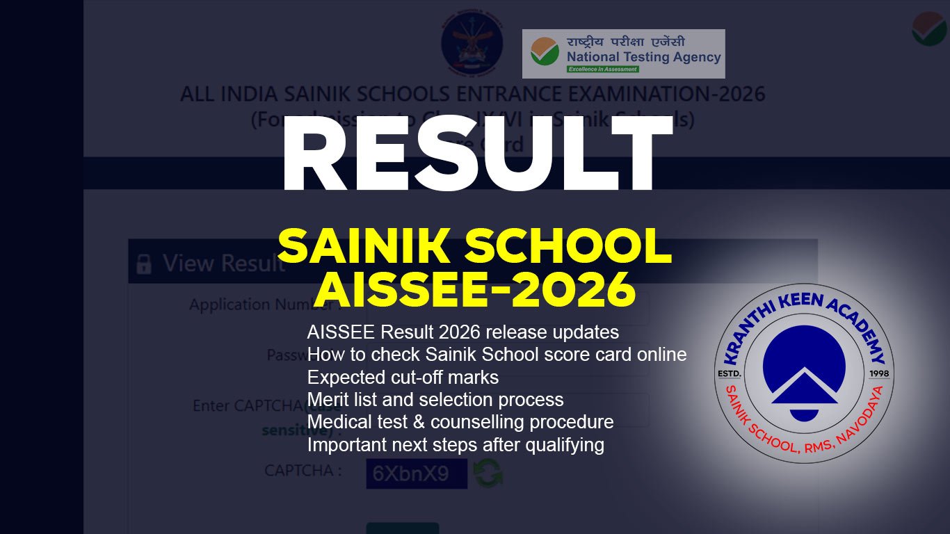 image with bold text written "Result sainik school aissee 2026" then after AISSEE Result 2026 release updates How to check Sainik School score card online Expected cut-off marks Merit list and selection process Medical test & counselling procedure Important next steps after qualifying